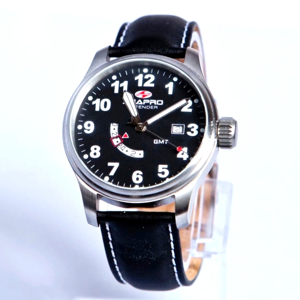 Seapro Men's Defender Black Leather GMT Watch